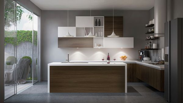 Cucina moderna rinnovata con isola centrale e ante effetto legno
